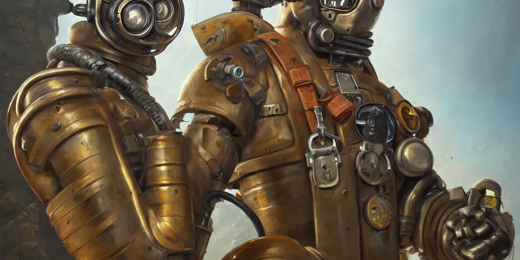 Image similar to highly detailed portrait painting of welder stallone in atmospheric diving suit, by eddie mendoza and tyler edlin, windows, 8 k resolution