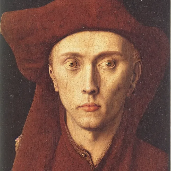 Image similar to close up portrait of a young alchemist with green eyes and visible veins. jan van eyck