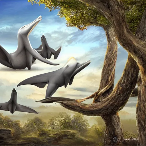 Image similar to a flock of pterodon sitting in a tree, paleo art, realistic, detailled, epic