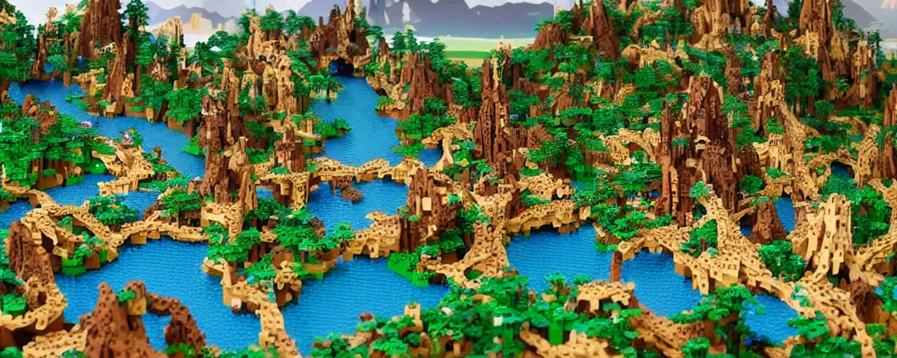 Prompt: Medieval beautiful enchanted landscape with trees, flourishing nature, lakes and waterfalls, made of LEGO, in the style of LEGO