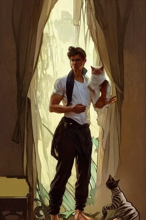 Image similar to full body portrait of a single beautiful young fit man, modern haircut, open shirt, large pants, holding a cat. by greg rutkowski and alphonse mucha, d & d character, in front of a modern room background, highly detailed portrait, digital painting, artstation, concept art, smooth, sharp focus ilustration, artstation hq