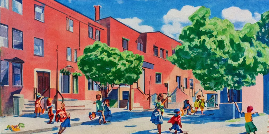 Image similar to 1 9 4 0 s corner of a concrete row house, painted in bright colors, children playing on the street, trees, blue sky, sunny day