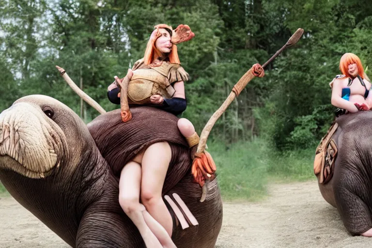 Image similar to a beautiful woman riding on the back of a walrus, cosplay, photoshoot