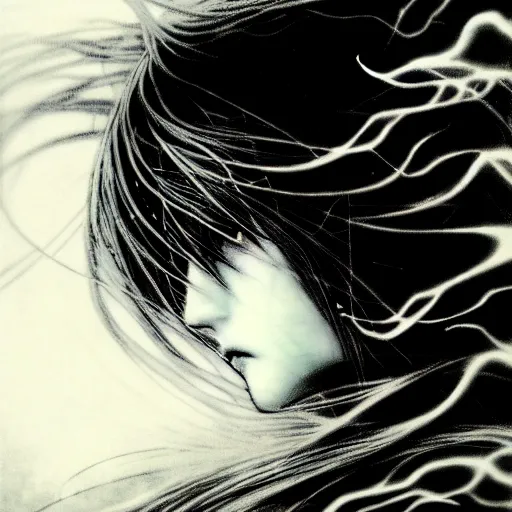 Image similar to Yoshitaka Amano blurred and dreamy illustration of an anime girl with wavy white hair and cracks on her face wearing Elden ring armour with the cape fluttering in the wind, abstract black and white patterns on the background, noisy film grain effect, highly detailed, Renaissance oil painting, weird portrait angle