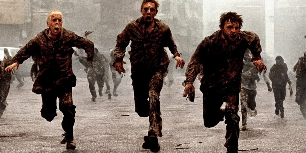 Prompt: movie still of joe biden running away from a hoard of infected zombies in the movie 2 8 days later, detailed, real, cinematic