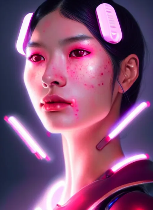 Image similar to photorealistic portrait of futuristic oriental female humanoid with freckle cheeks, cyber neon lightings, cyberpunk high fashion, elegant pose, intricate details, crispy quality, digital photography, trending in artstation, trending in pinterest, no watermark signature, cinematic, 4 k ultra hd, art by artgerm, art by greg rutkowski, art by pascal blanche