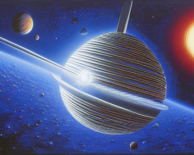 Prompt: painting of an interstellar dyson sphere, robert mccall, rick guidice, noah bradley, jim burns, les edwards, very coherent, extremely detailed, symmetric, 4 k resolution, hd