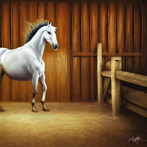 Prompt: digital painting of a majestic horse in a stable, diffused