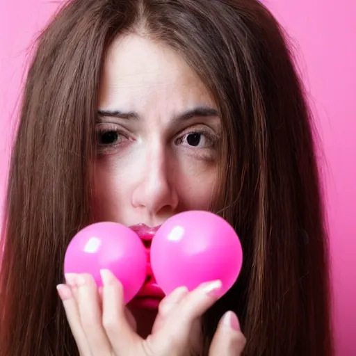 Image similar to Woman with brown hair blowing bubblegum, staring at the camera, eyes wide open, pink background