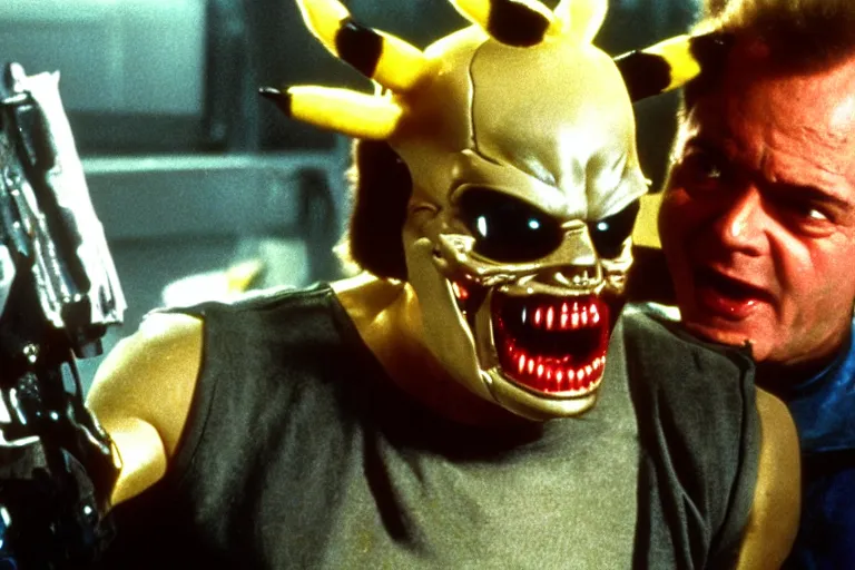 Prompt: Jack Nicholson in costume of Terminator Pikachu hybred, scene where his endoskeleton gets exposed, still from the film