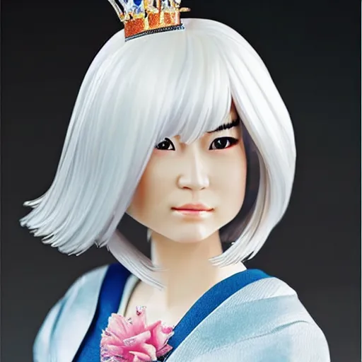 Image similar to a japanese princess young lady, with white hair and bangs!!!! beauty, action figure, well lit, studio light, painted action figure, toy advertisement