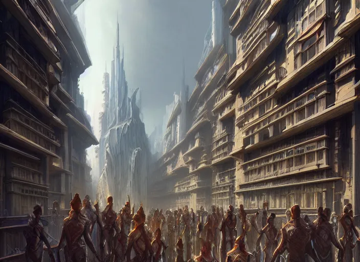 Image similar to a large group of people standing around a building, a detailed matte painting by stephan martiniere, cgsociety, fantasy art, concept art, matte painting, matte drawing