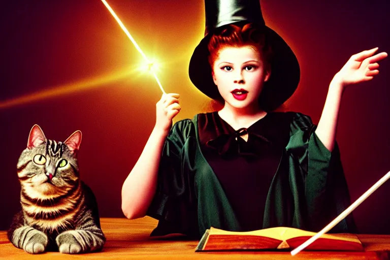 Prompt: close up portrait, dramatic lighting, teen witch calmly pointing a magic wand casting a spell over a large open book on a table with, short hair, cat on the table in front of her, sage smoke, a witch hat cloak, apothecary shelves in the background, still from the wizard of oz