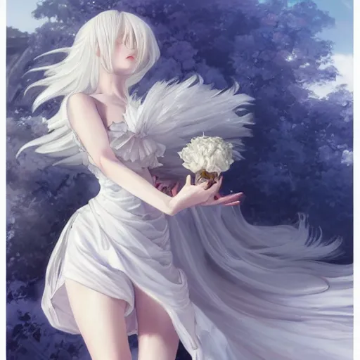 Image similar to white haired anime girl in a vaporous wrapped large victorian cream roses silk semi-transparent blue and cream dress fashion is running D&D, fantasy, intricate, elegant, highly detailed, digital painting, artstation, concept art, matte, sharp focus, illustration, art by Artgerm and Greg Rutkowski and Alphonse Mucha, UHD