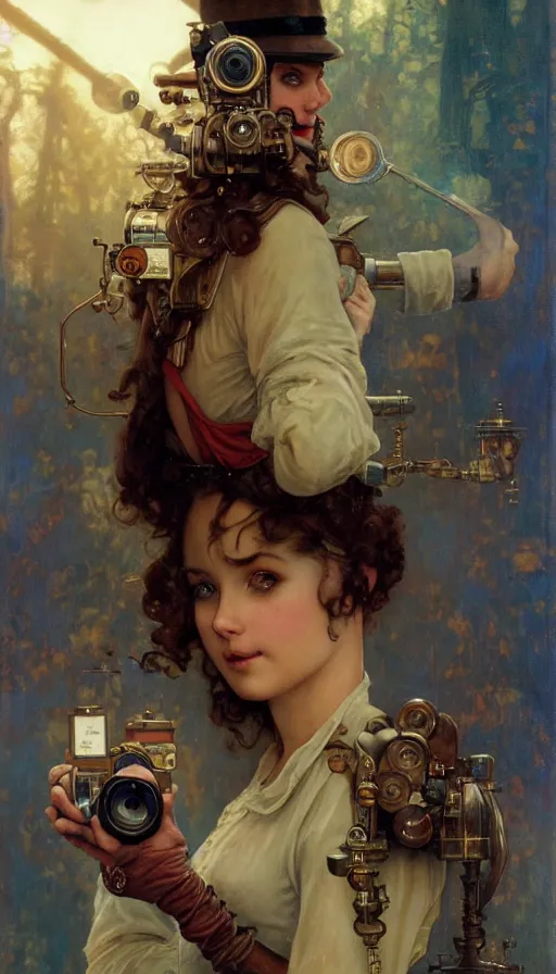 Image similar to hyper realistic photographer looking through camera, magical, steampunk, painted by norman rockwell, tom bagshaw, mucha, gaston bussiere, craig mullins, j. c. leyendecker 8 k