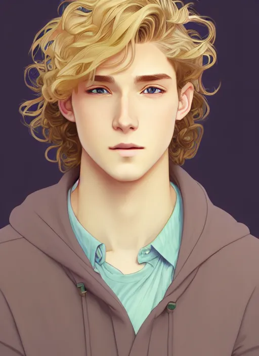 Image similar to young man with medium - length, curly, golden hair, perfectly proportioned face, aquamarine eyes, sweet smile, natural lighting, path traced, highly detailed, high quality, cartoon, digital painting, by new haicheng and studio ghibli and alphonse mucha