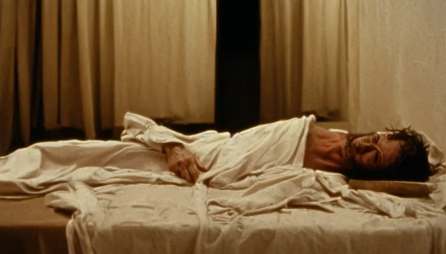 Image similar to 1 9 7 0 s movie still of the death of jean - paul marat, cinestill 8 0 0 t 3 5 mm, high quality, heavy grain, high detail, panoramic, cinematic composition, dramatic light, ultra wide lens, anamorphic