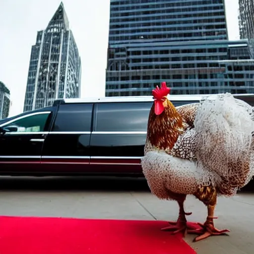 Image similar to a wide shot from a low angle of a chicken dressed in a suit stepping out of a limo and onto a red carpet