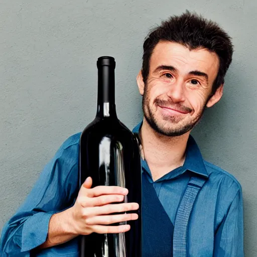 Prompt: photograph of a frenchman with a bottle of wine in 2 0 2 0. in color