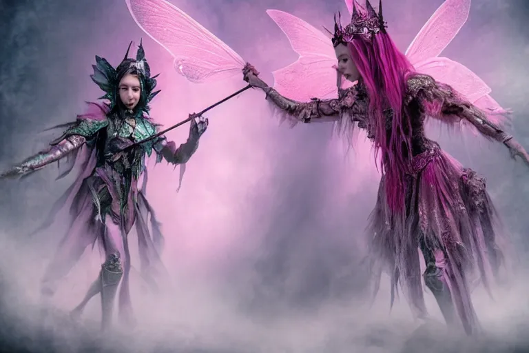 Image similar to pink iridescent battle armor on a fairy by eiko ishioka, 8K, detailed, HD, fairytale, dark tones, horror film, scary, matte painting, fantasy, full of colors, CGSociety, matte painting, realistic materials, photo-realistic, postprocessing, realistic, cinematic style, 35mm