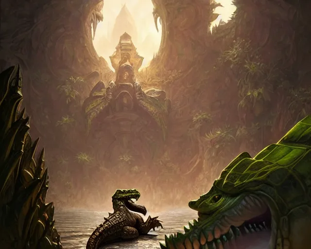 Image similar to crocodile god lair, deep focus, d & d, fantasy, intricate, elegant, highly detailed, digital painting, artstation, concept art, matte, sharp focus, illustration, hearthstone, art by artgerm and greg rutkowski and alphonse mucha