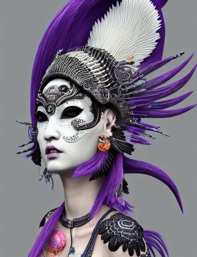 Image similar to 3 d goddess close - up profile portrait punk with mohawk with ram skull. beautiful intricately detailed japanese crow kitsune mask and clasical japanese kimono. betta fish, jellyfish phoenix, bio luminescent, plasma, ice, water, wind, creature, artwork by tooth wu and wlop and beeple and greg rutkowski