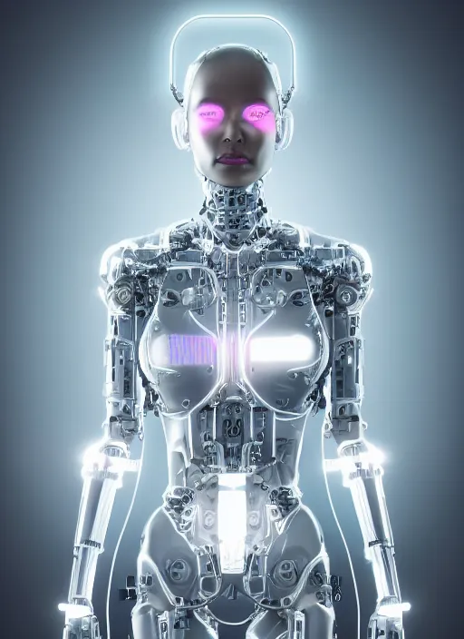 Image similar to photorealistic detailed full body picture of a female cyborg, pretty face, with head arms legs feet and hands, standing glamour pose, neon lights, humanoid, extreme, uhdr, book called the most influental cyborg in 2 0 5 0, fine details, highly detailed, intricate, smooth sharp focus, symmetrical features, environmental portrait, realistic render