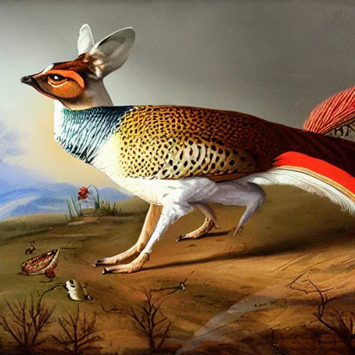 Prompt: A painting of a pheasant eating a fox