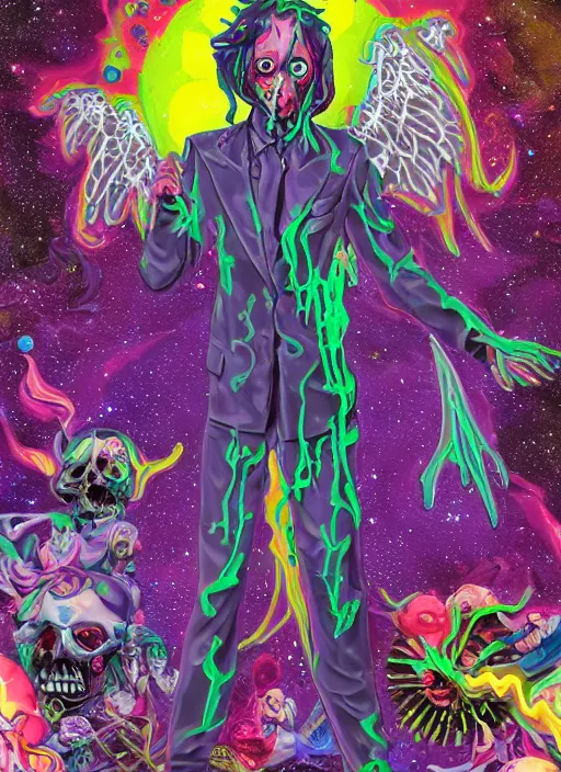 Prompt: a suited zombie angel spirit being, covered with pastel glitter glue slime, fashion model pose, full body maximalist cosmic eldritch character design, early computer graphics by dan mumford, surrounded by stars and jester plushies, realistic light and shadow effects, maximalist background