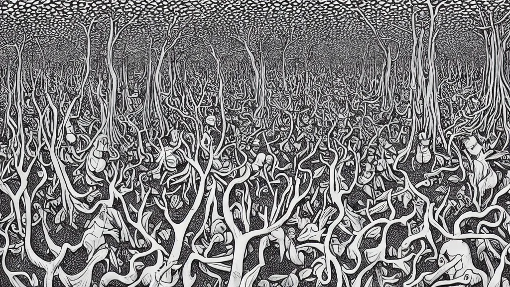 Image similar to a forest of giant thumbs, by escher and chris van allburg, fine inking lines, surreal fantasy