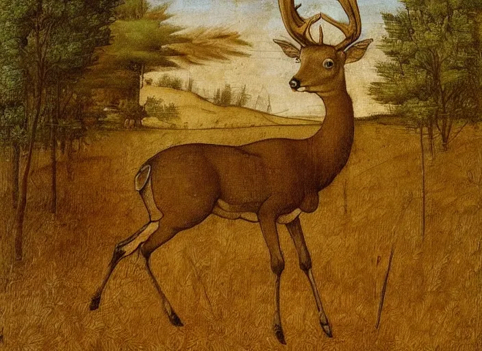 Prompt: A painting in the style Leonardo Da Vinci of a deer standing in a wheat field surrounded by a forest, very detailed, very beautiful