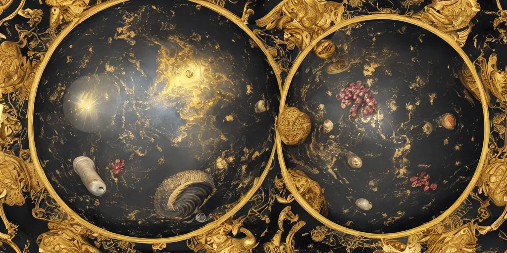 Prompt: tilt shift, italian masterpiece, Ashford Black Marble, sculpture, baroque, beautiful, gracious, pagans, marble and gold, space, stars, clouds, sun, drapes, greeks, fruits, bioluminescent, Obsidian pomegranade, lance, medieval globe, monkey, chariot, snails, pinecone, render, artstation, draped with red Hibiscus and vines, ultra detailed