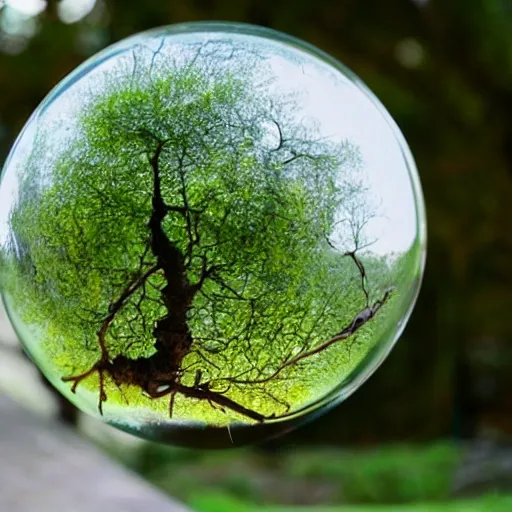 Prompt: oak sapling growing onto of a glass sphere with roots sticking out of it