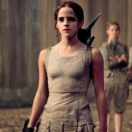 Image similar to emma watson in hunger games, full body shot, highly - detailed, sharp focus, award - winning