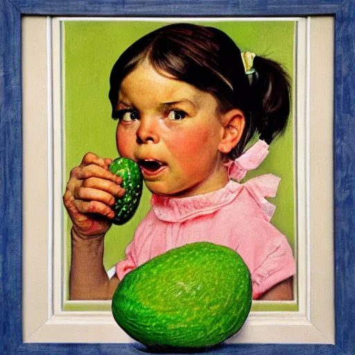 Prompt: Front portrait of Super-avocado-girl! A painting by Norman Rockwell.