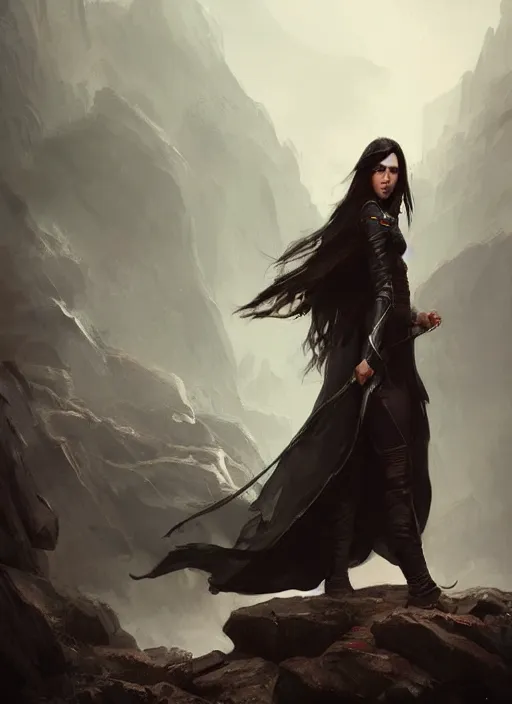 Prompt: a very tough looking adventurer girl with long black hair wearing a cape, trending on artstation, cinematic composition, detailed, hd, digital art, by greg rutkowski