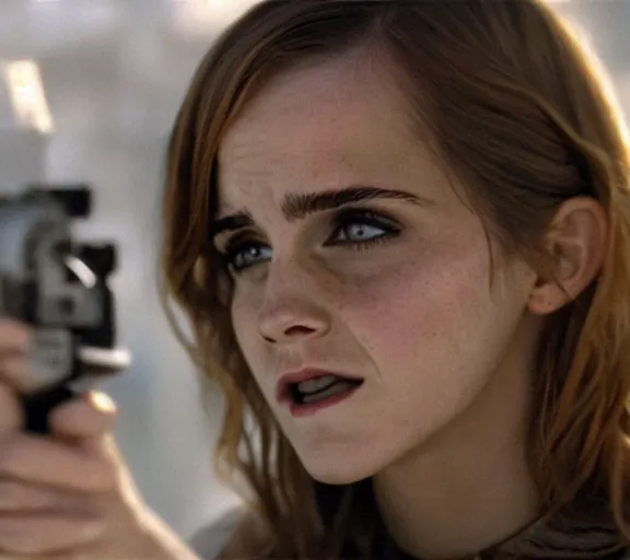 Image similar to color still shot of emma watson in film total recall, face closeup,