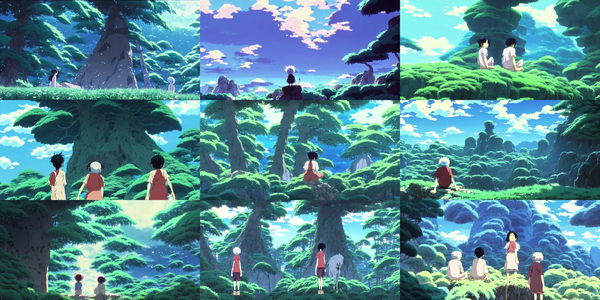 Prompt: a storybook illustration by Studio Ghibli, magical realism, an anime grandpa on an action adventure the otherworldly spirit world, painting by kazuo oga in the anime film, screenshot from the anime film Princess Mononoke by Makoto Shinkai