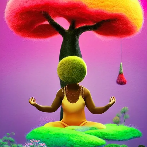 Image similar to a black girl with a colorful afro and big beautiful eyes meditating in an african zen garden with a waterfall!! and a baobab tree, bokeh!, bright colors, synthwave, watercolor, volumetric wool felting, felt, macro photography, children illustration, by goro fujita