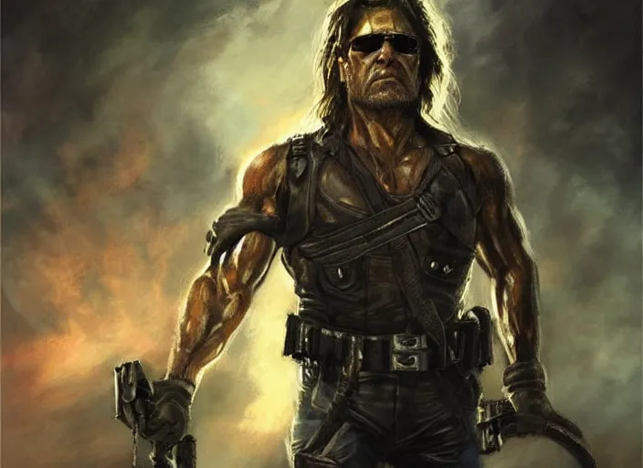 Prompt: concept art oil painting of Snake Pliskin (Escape from New York) by Jama Jurabaev, extremely detailed, brush hard, Atmospheric lighting, artstation