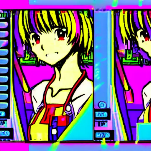 Prompt: CRT rainbowcore anime girl, saturation 100% full saturation, bitcrushed AI enhanced image, PS1 early computer graphics, maximalist maximalism video game UI