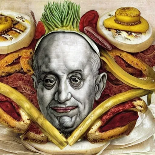 Image similar to a amazing new surrealist hybrid of a pope salad by giuseppe arcimboldo and kandinskali and catrin welz - stein, melting cheese, steamed buns, grilled artichoke, sliced banana, the pope, salami, milk duds, licorice allsort filling