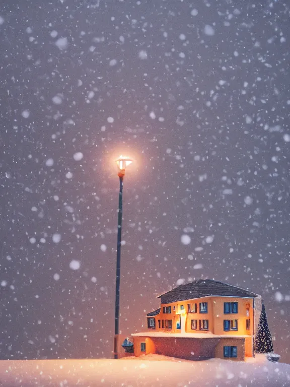 Prompt: product shoot of a snow globe of tiny soviet residential building, lights are on in the windows, cozy atmosphere, fog, cold winter, snowing, streetlamps with orange volumetric light, birches