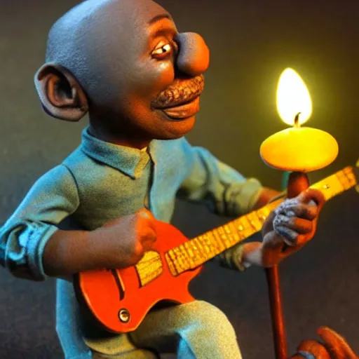 Image similar to a old black man playing guitar, surrealistic detailed claymation art, little candles, foggy