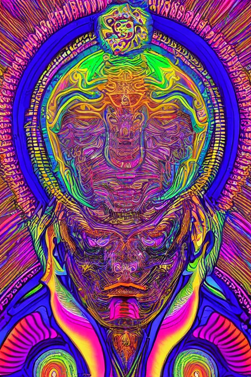 Prompt: a detailed digital neon illustration art of the man from burning man in the style of Alex Grey, lisa frank, psychedelic, fantasy, 8k, ornate, intricate, symmetry