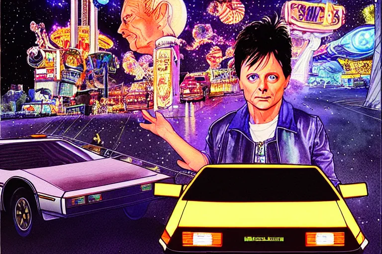 Image similar to a hyperrealist watercolour character concept art portrait of michael j fox on well lit night in las vegas. there is a delorean car. a spaceship. a mad scientist. by rebecca guay, michael kaluta, charles vess and jean moebius giraud