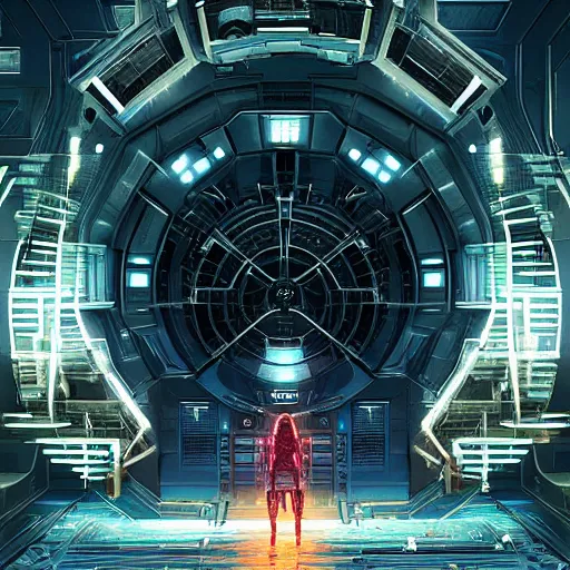 Image similar to giant cyberpunk vault door, imposing, highly detailed digital illustration by greg rutkowski, android netrunner