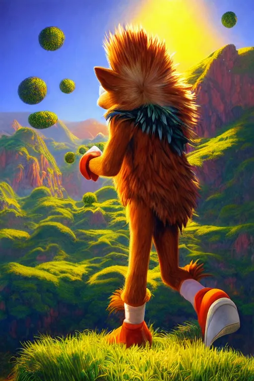 Image similar to fantasy portrait of sonic the hedgehog, natural light, lush plants flowers, spectacular mountains, bright clouds, luminous sky, outer worlds, golden hour, michael cheval, edward hopper, michael whelan, oil painting, hd