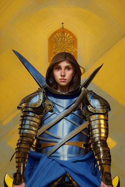 Image similar to medieval knight modern technology, blue and yellow flags, realistic portrait full body, symmetrical, highly detailed, digital painting, artstation, concept art, smooth, sharp focus, illustration, cinematic lighting, art by artgerm and greg rutkowski and alphonse mucha