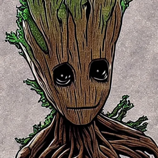 Image similar to groot but as a metal